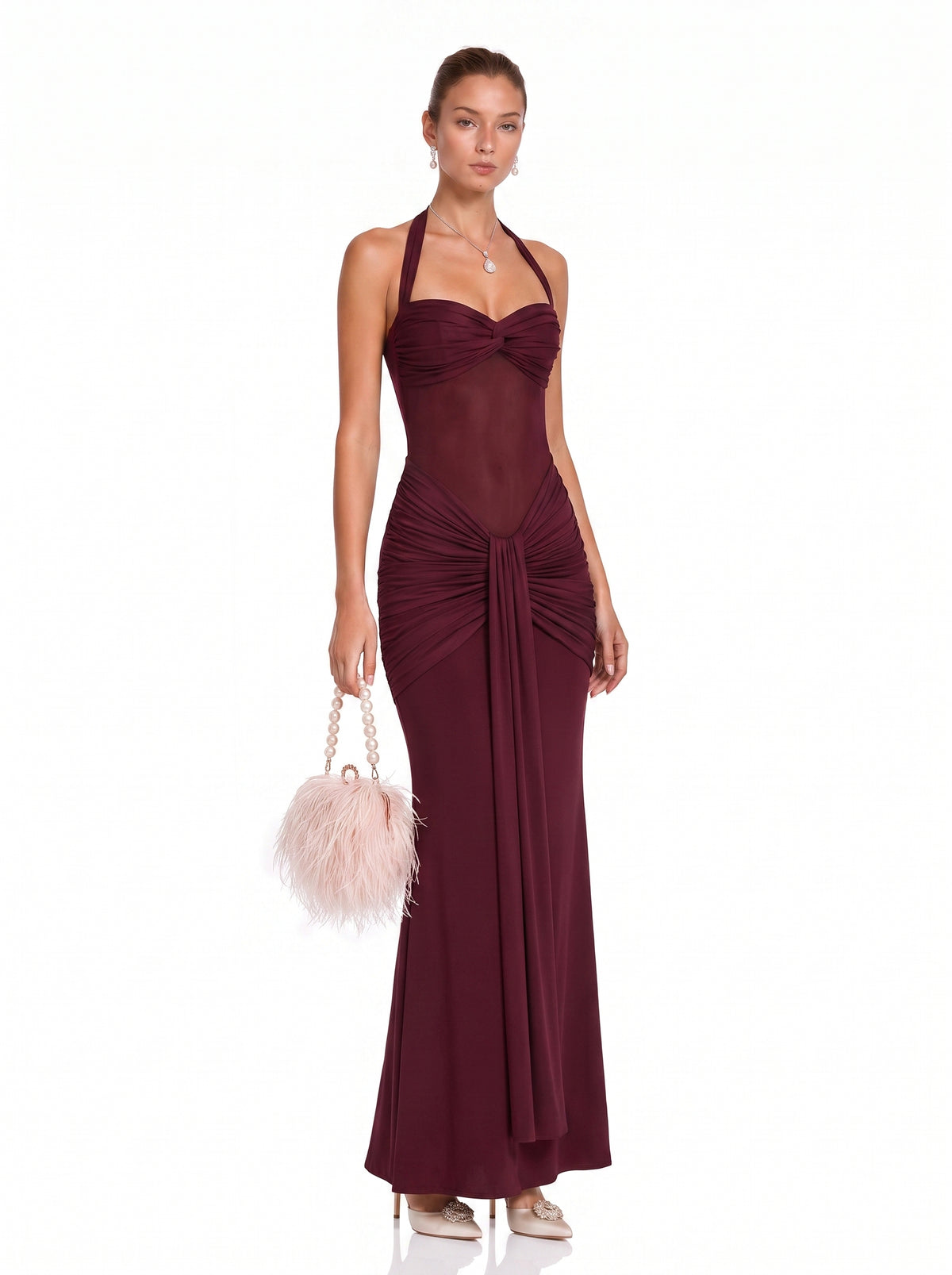 Prime Era Soleil Draped Mesh Maxi Dress - Burgundy