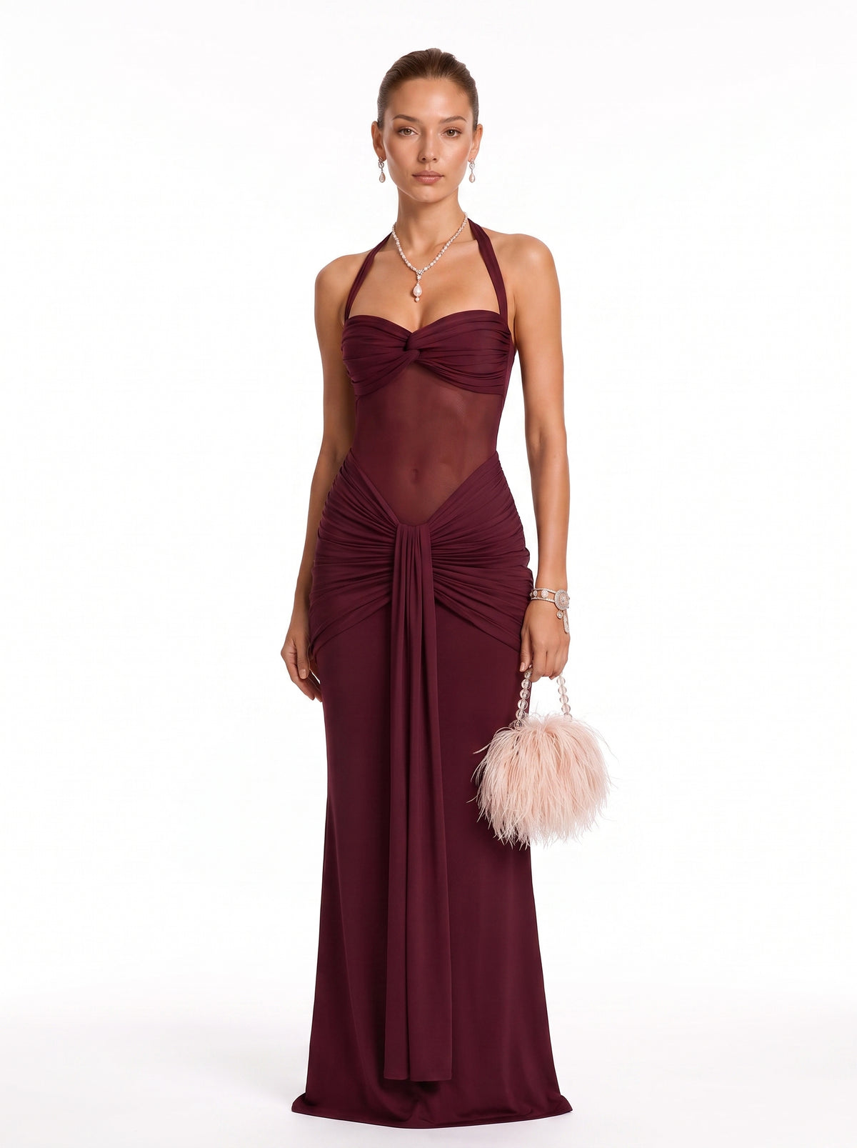 Prime Era Soleil Draped Mesh Maxi Dress - Burgundy