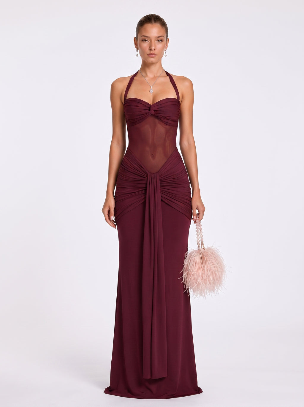 Prime Era Soleil Draped Mesh Maxi Dress - Burgundy