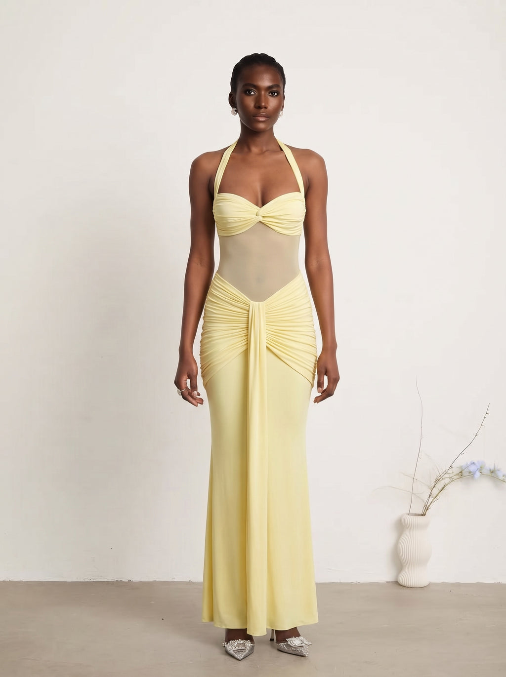 Prime Era Soleil Draped Mesh Maxi Dress - Butter Yellow