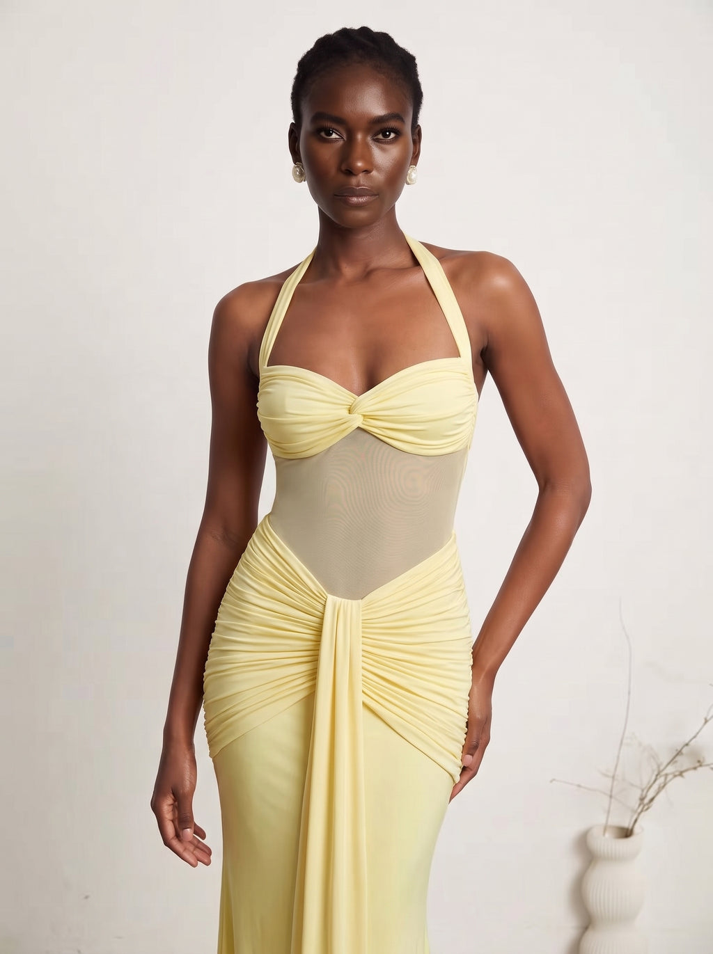 Prime Era Soleil Draped Mesh Maxi Dress - Butter Yellow