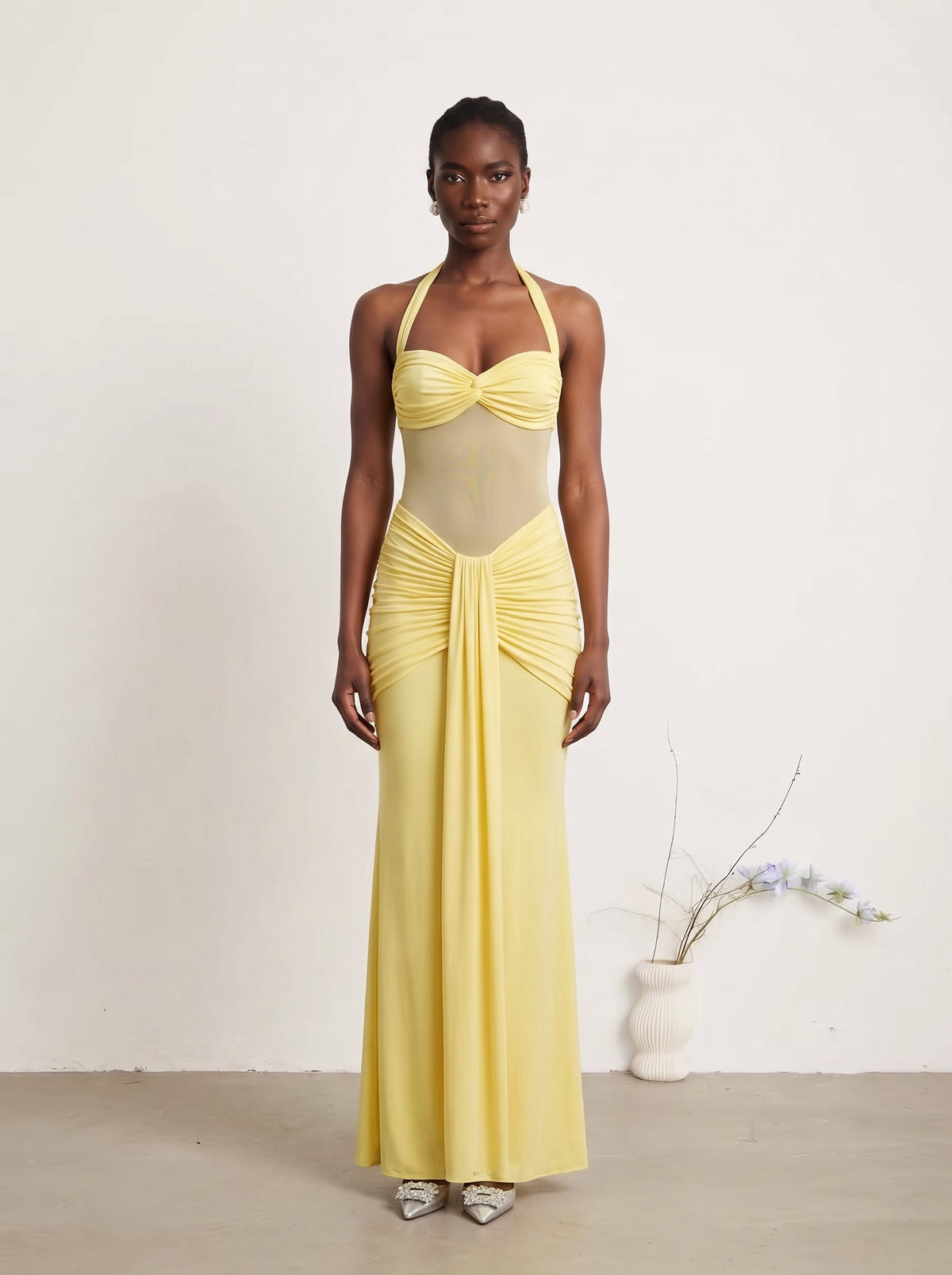 Prime Era Soleil Draped Mesh Maxi Dress - Butter Yellow