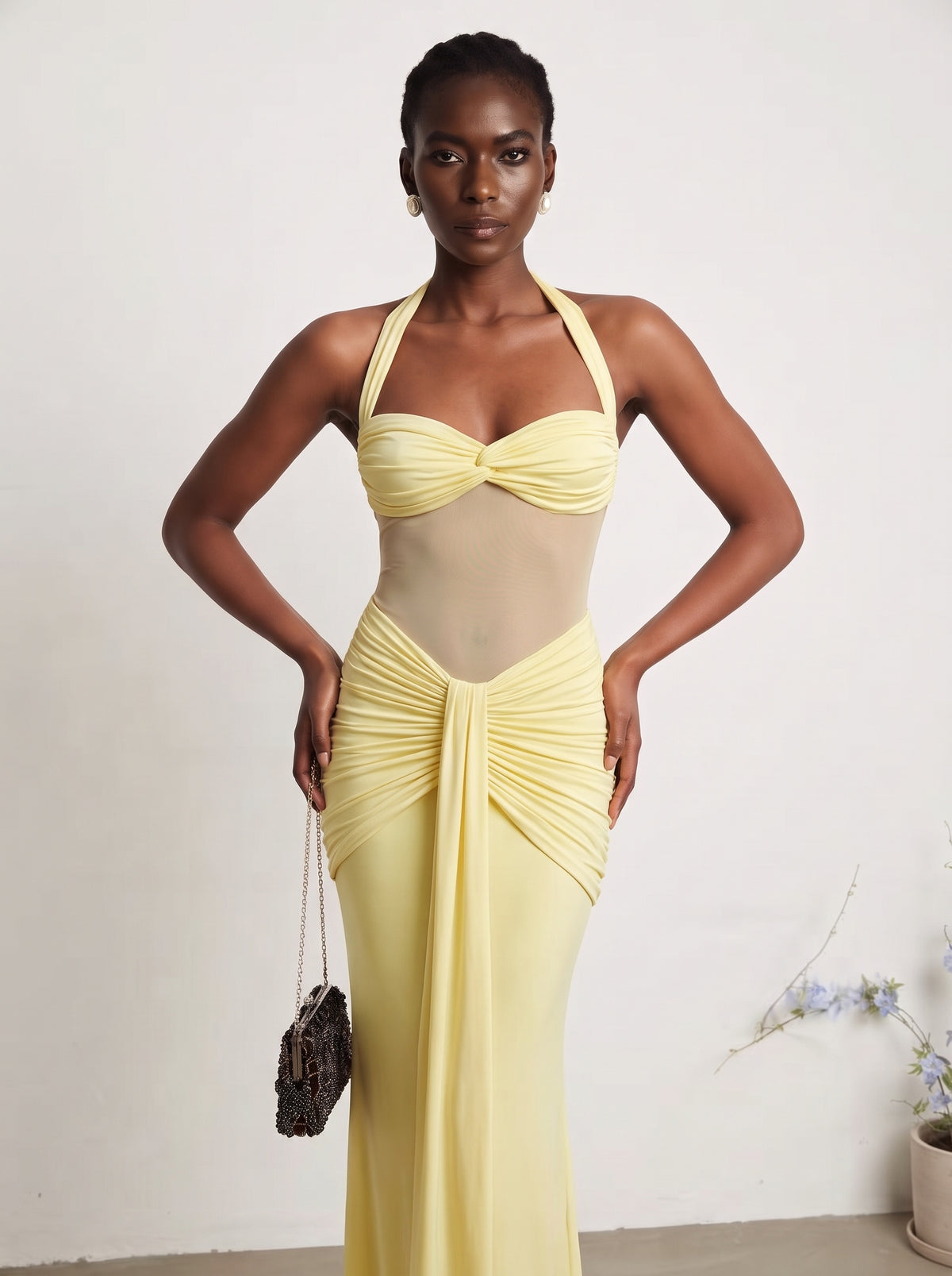 Prime Era Soleil Draped Mesh Maxi Dress - Butter Yellow