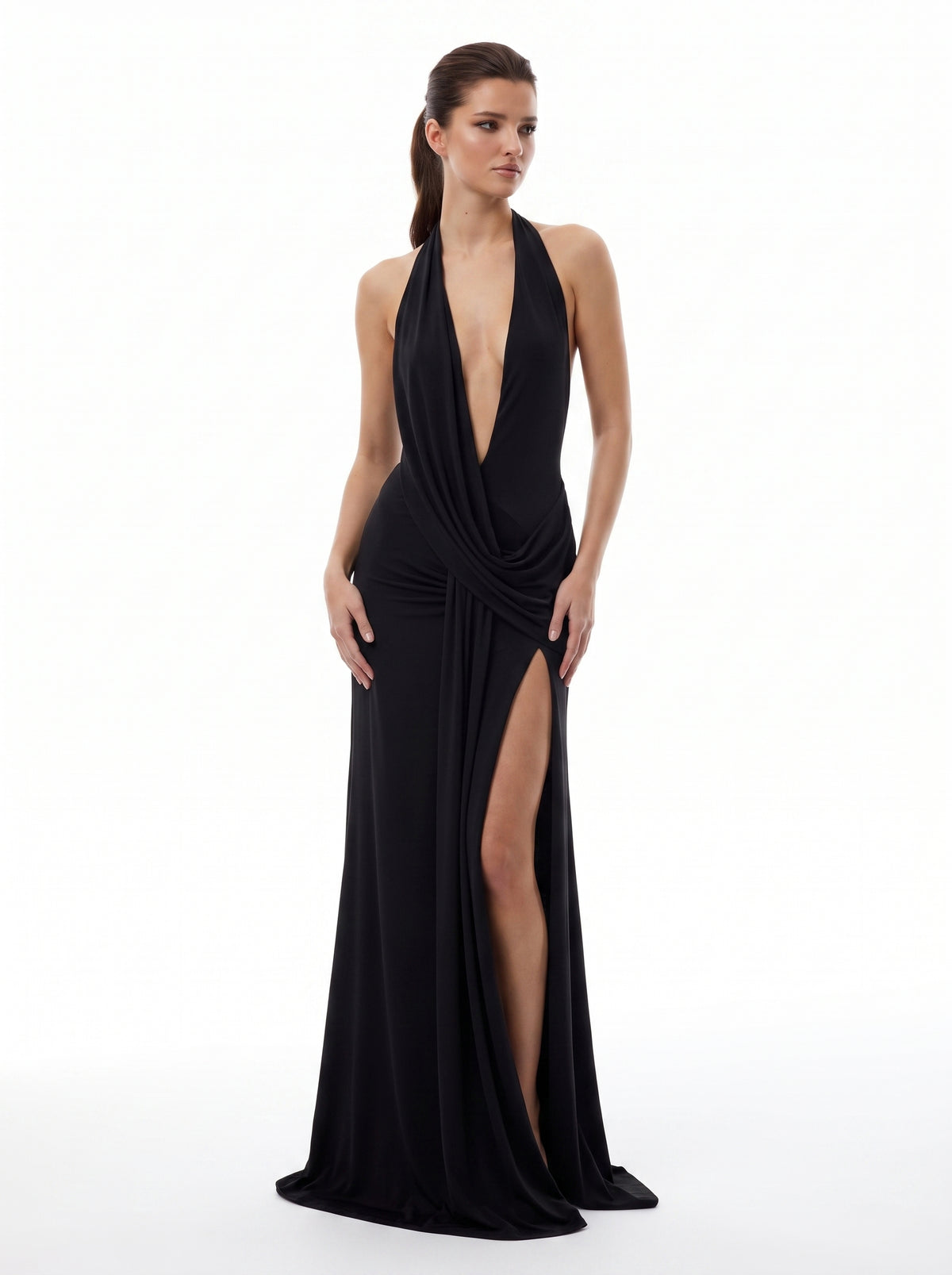 Prime Era Siren Draped Halter Maxi Dress - Black