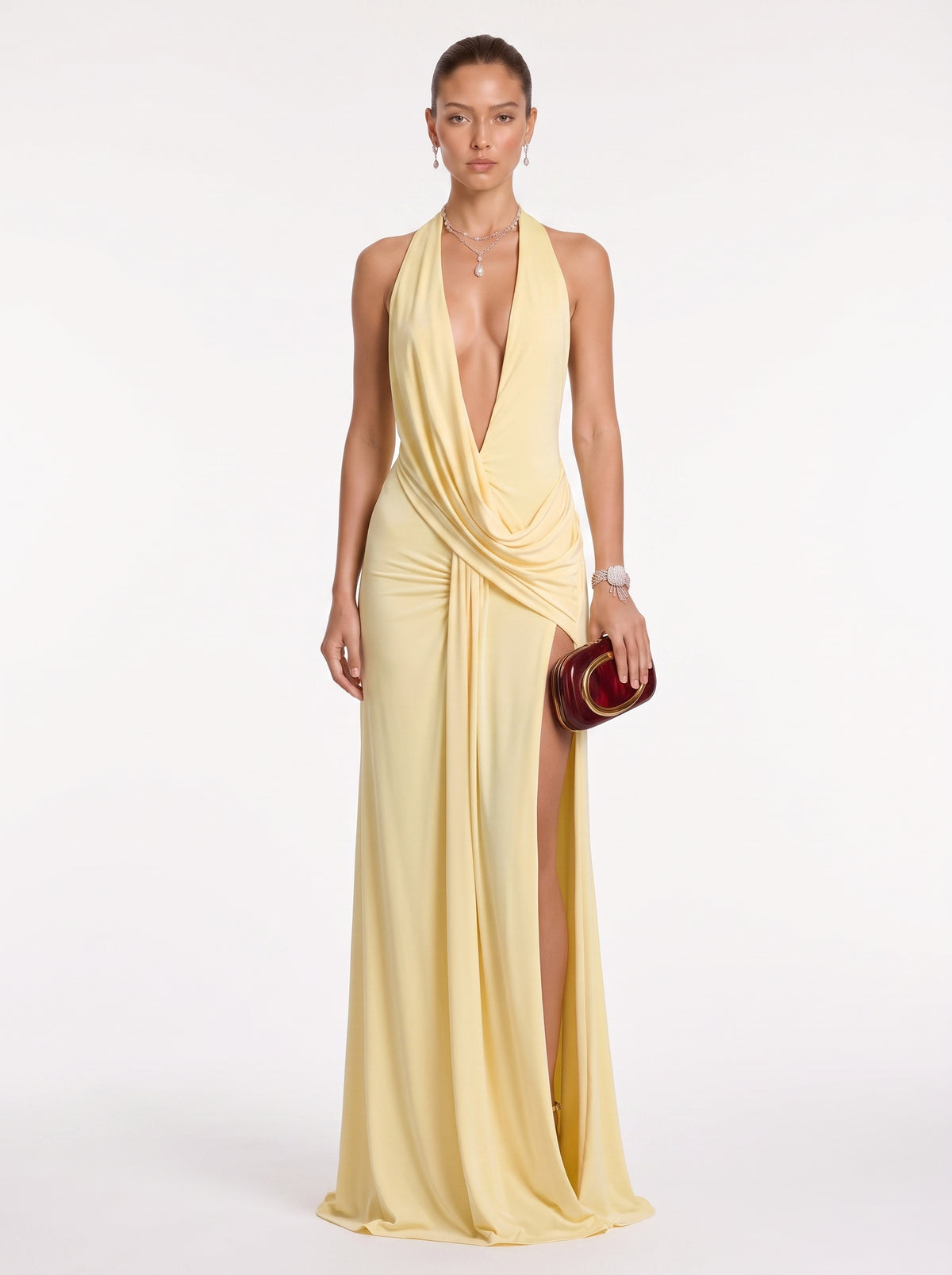 Prime Era Siren Draped Halter Maxi Dress - Yellow