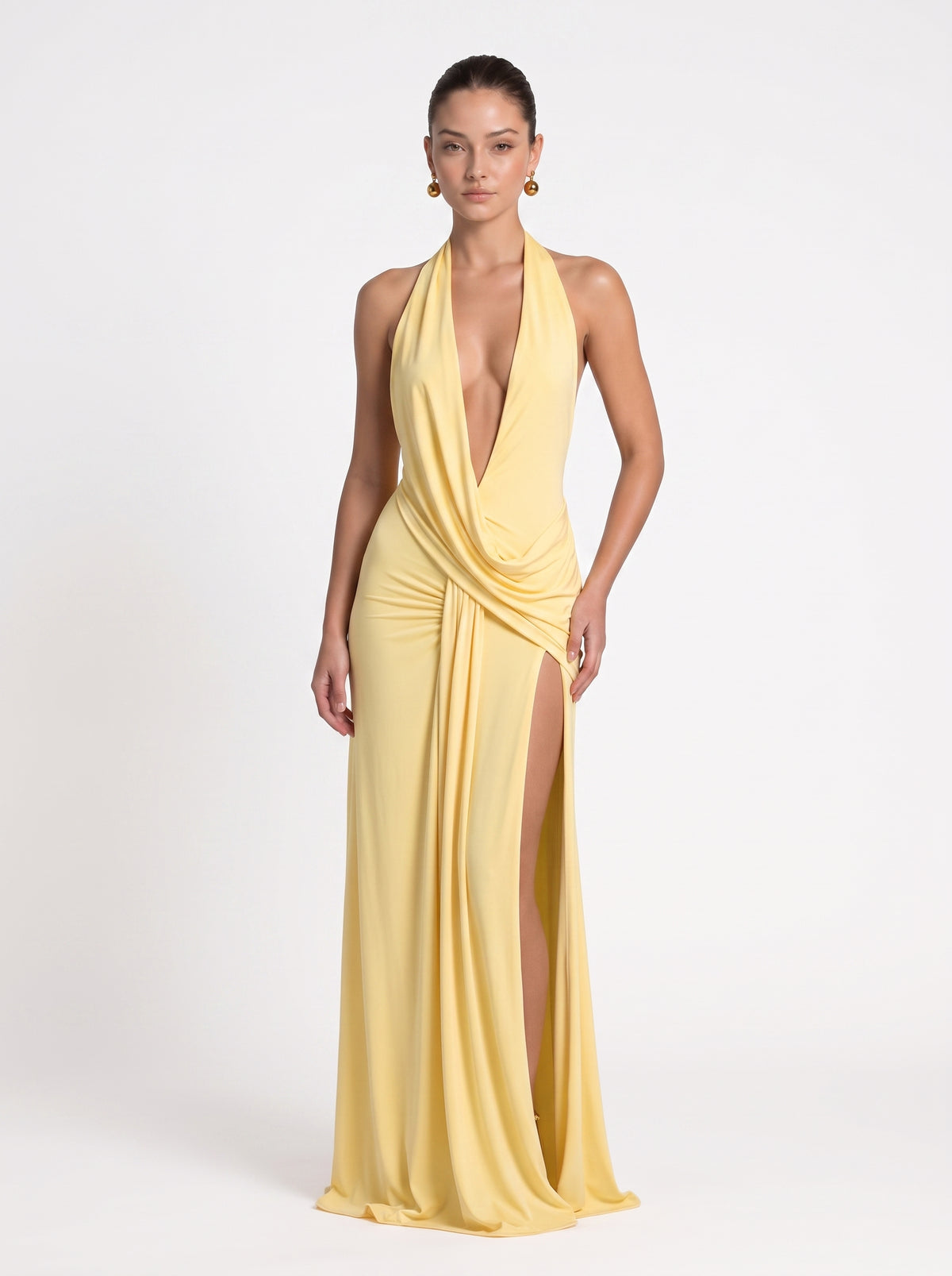 Prime Era Siren Draped Halter Maxi Dress - Yellow