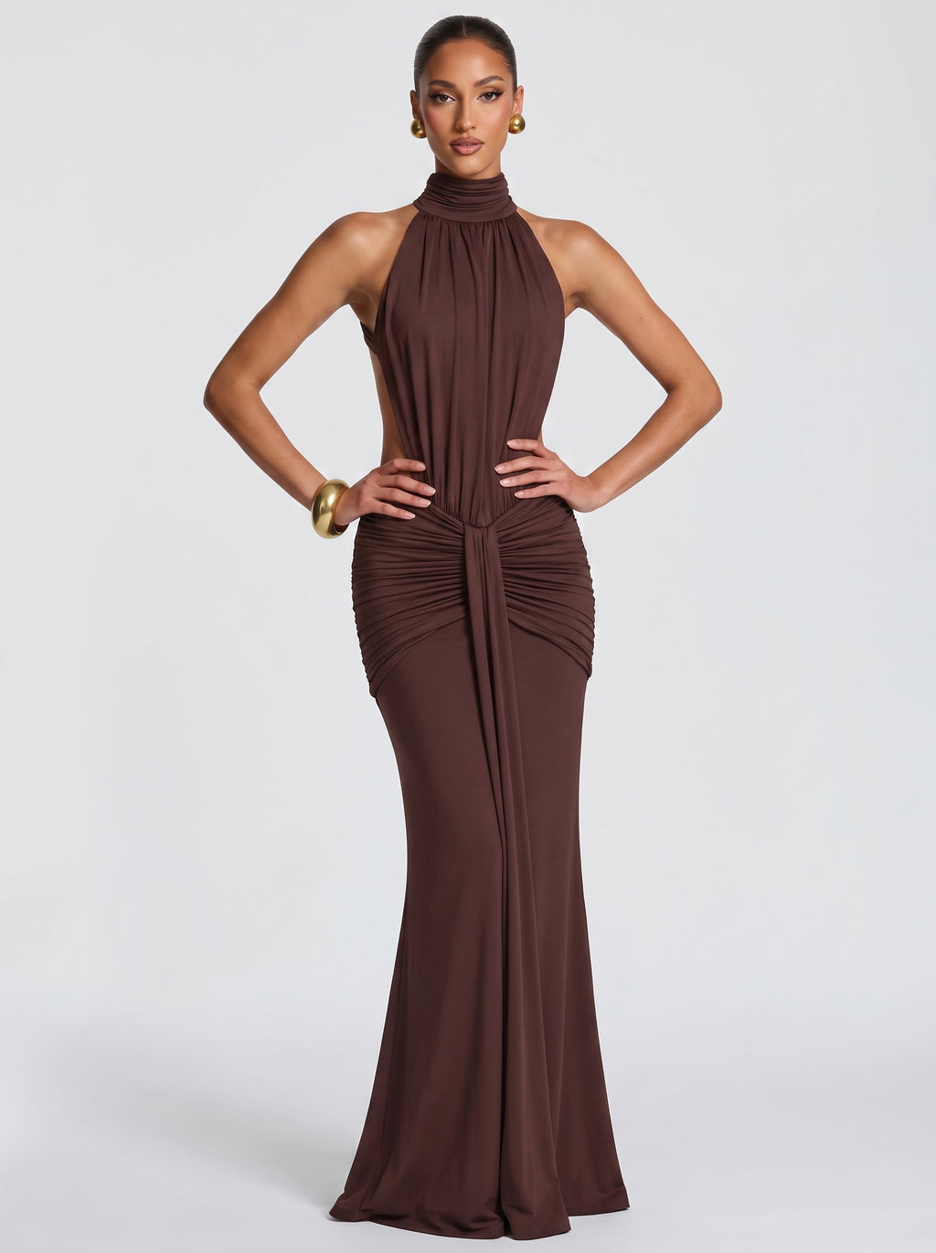 Prime Era Sienna Halter Open Back Gown - Brown