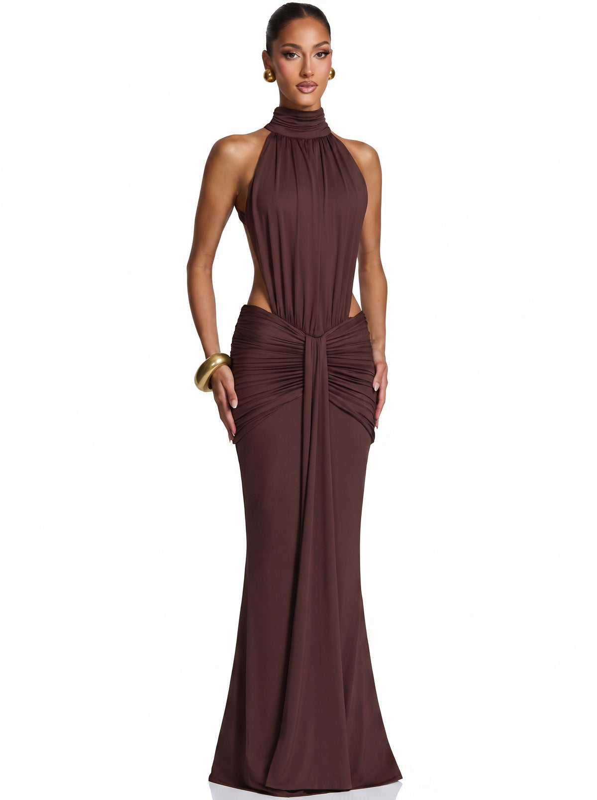 Prime Era Sienna Halter Open Back Gown - Brown